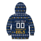 Personalized Parramatta Eels Christmas Kid Hoodie Australian Rugby Fans - Pixelated Ugly Xmas Pattern Mascot Santa