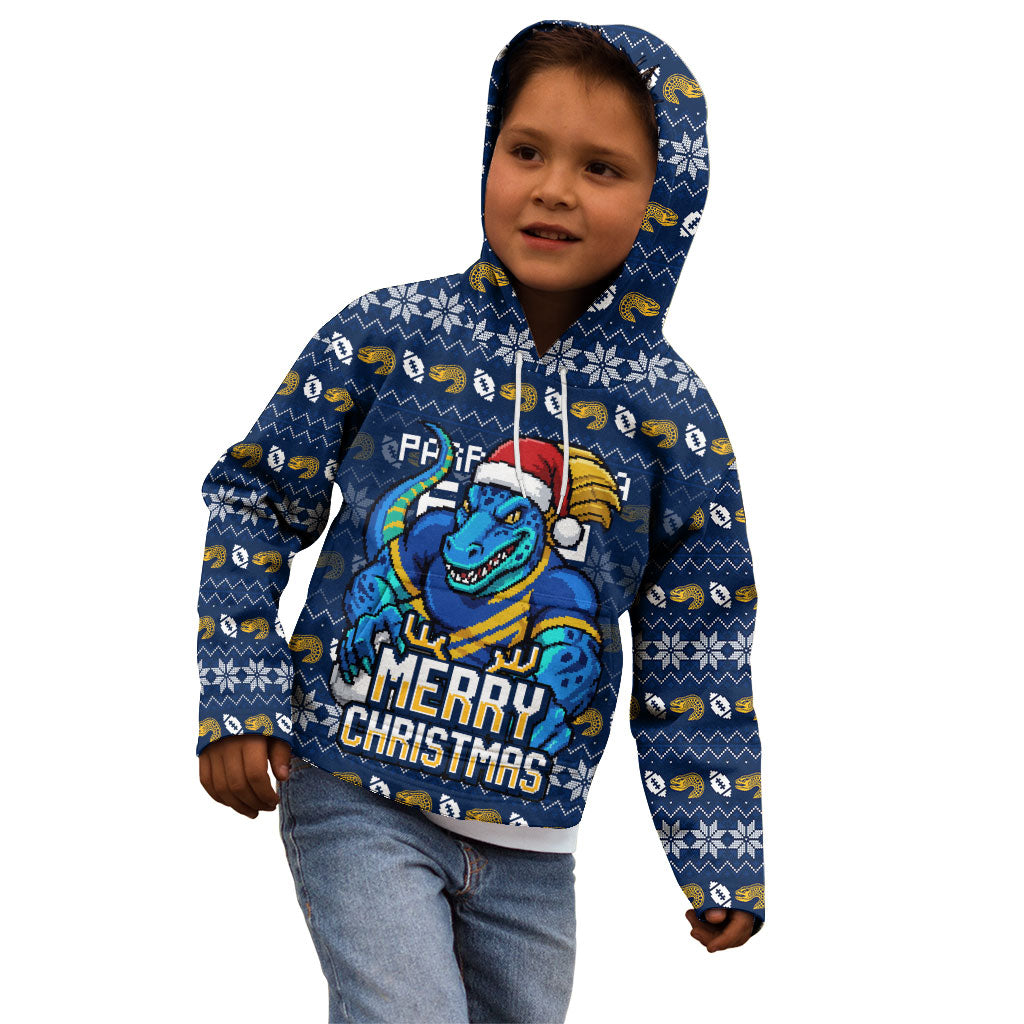 Personalized Parramatta Eels Christmas Kid Hoodie Australian Rugby Fans - Pixelated Ugly Xmas Pattern Mascot Santa