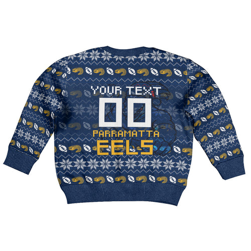 Personalized Parramatta Eels Christmas Kid Ugly Christmas Sweater Australian Rugby Fans - Pixelated Ugly Xmas Pattern Mascot Santa