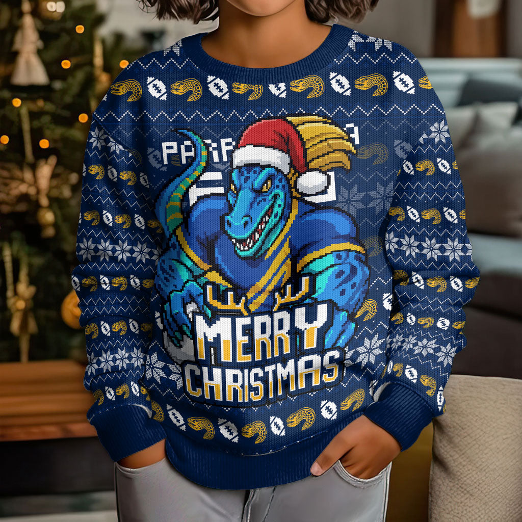 Personalized Parramatta Eels Christmas Kid Ugly Christmas Sweater Australian Rugby Fans - Pixelated Ugly Xmas Pattern Mascot Santa