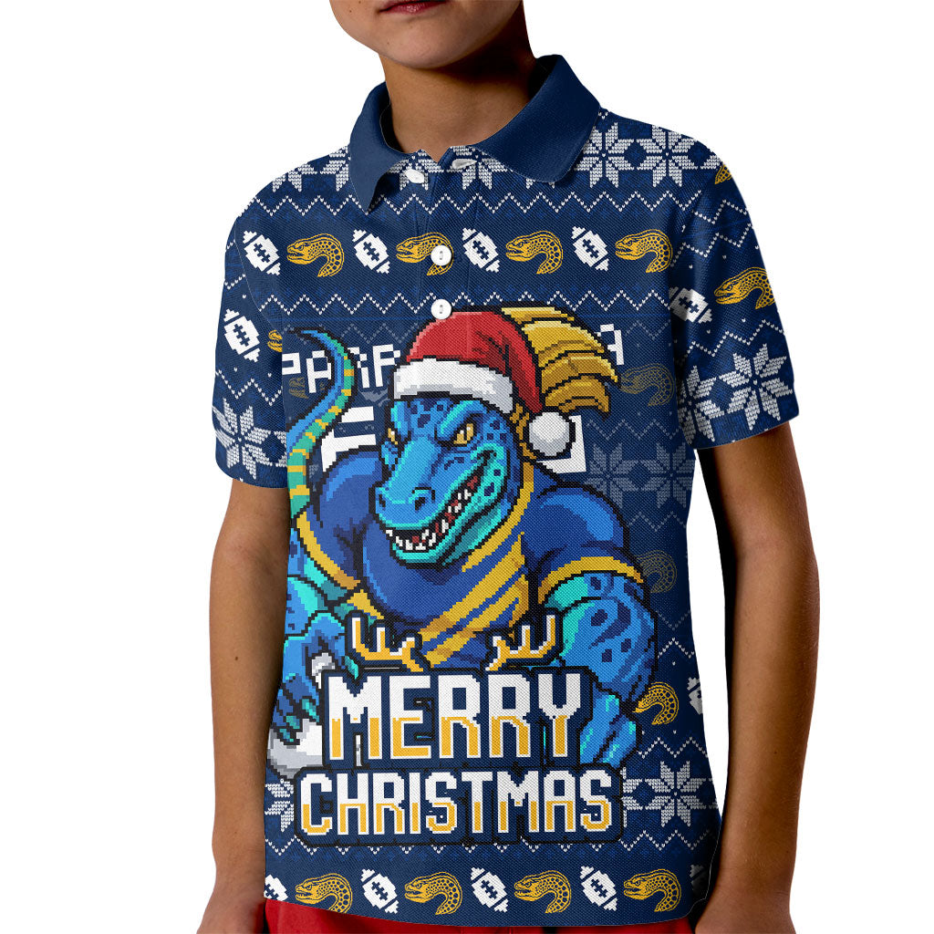 Personalized Parramatta Eels Christmas Kid Polo Shirt Australian Rugby Fans - Pixelated Ugly Xmas Pattern Mascot Santa
