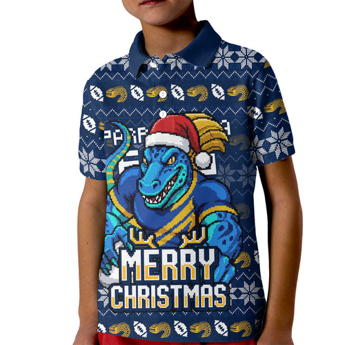 Personalized Parramatta Eels Christmas Kid Polo Shirt Australian Rugby Fans - Pixelated Ugly Xmas Pattern Mascot Santa