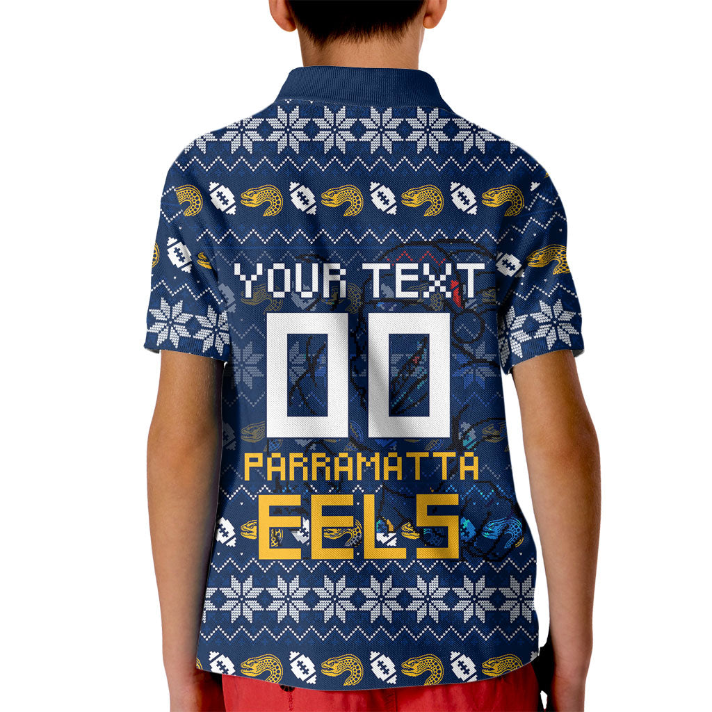 Personalized Parramatta Eels Christmas Kid Polo Shirt Australian Rugby Fans - Pixelated Ugly Xmas Pattern Mascot Santa