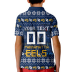 Personalized Parramatta Eels Christmas Kid Polo Shirt Australian Rugby Fans - Pixelated Ugly Xmas Pattern Mascot Santa