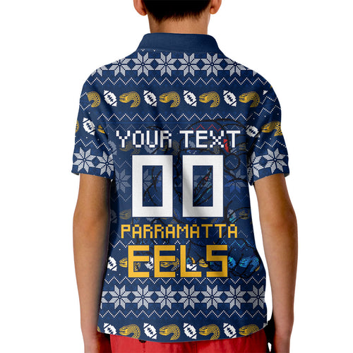 Personalized Parramatta Eels Christmas Kid Polo Shirt Australian Rugby Fans - Pixelated Ugly Xmas Pattern Mascot Santa