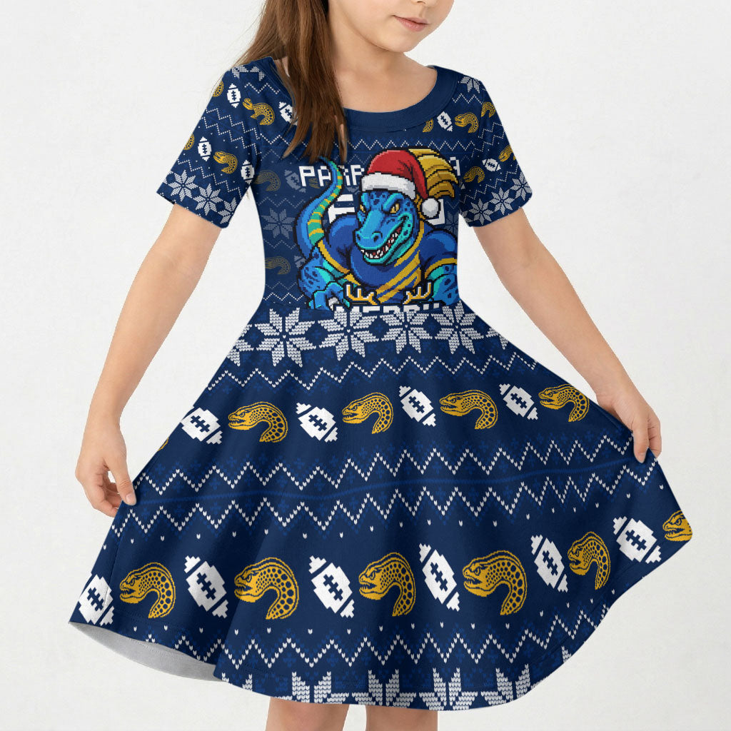 Personalized Parramatta Eels Christmas Kid Short Sleeve Dress Australian Rugby Fans - Pixelated Ugly Xmas Pattern Mascot Santa