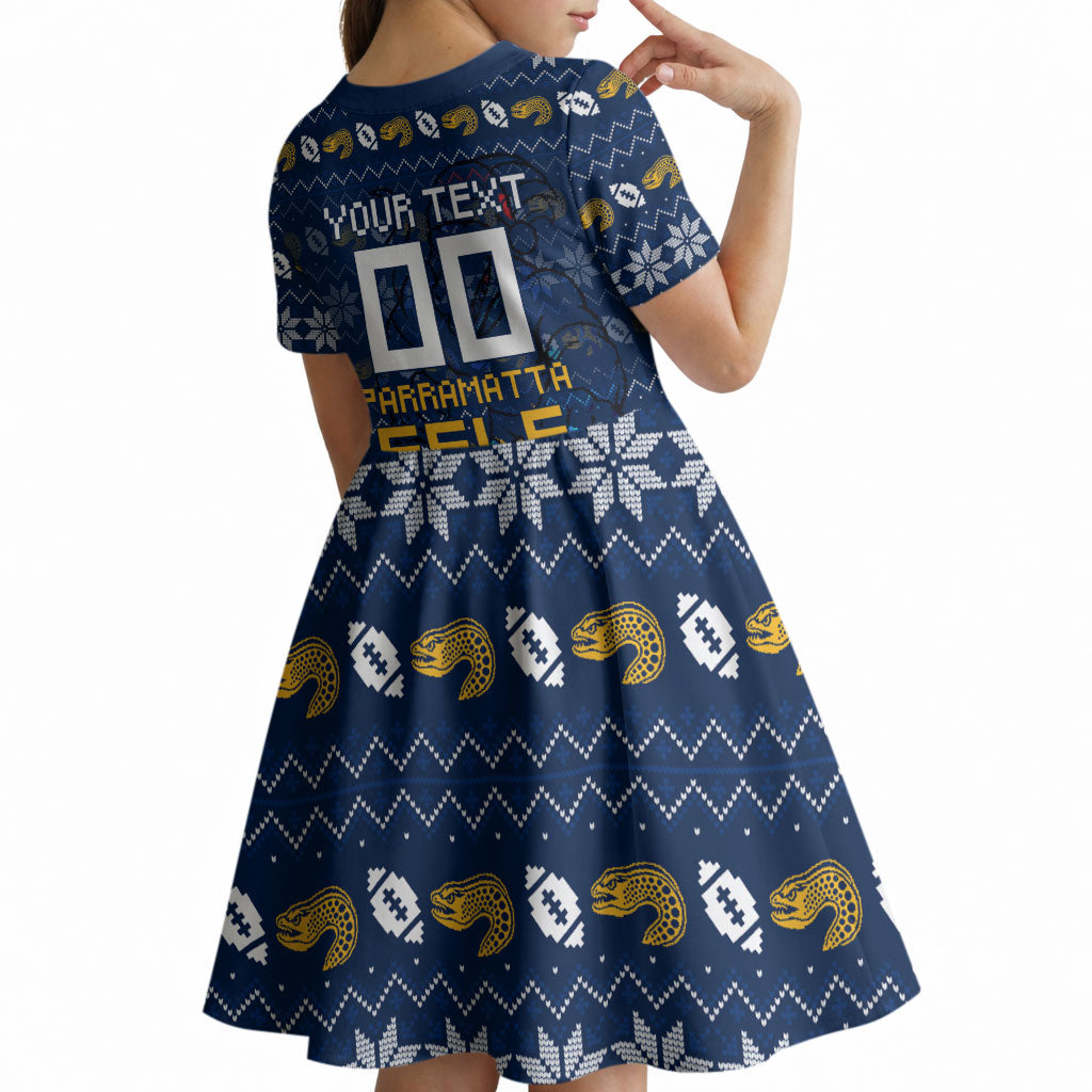 Personalized Parramatta Eels Christmas Kid Short Sleeve Dress Australian Rugby Fans - Pixelated Ugly Xmas Pattern Mascot Santa