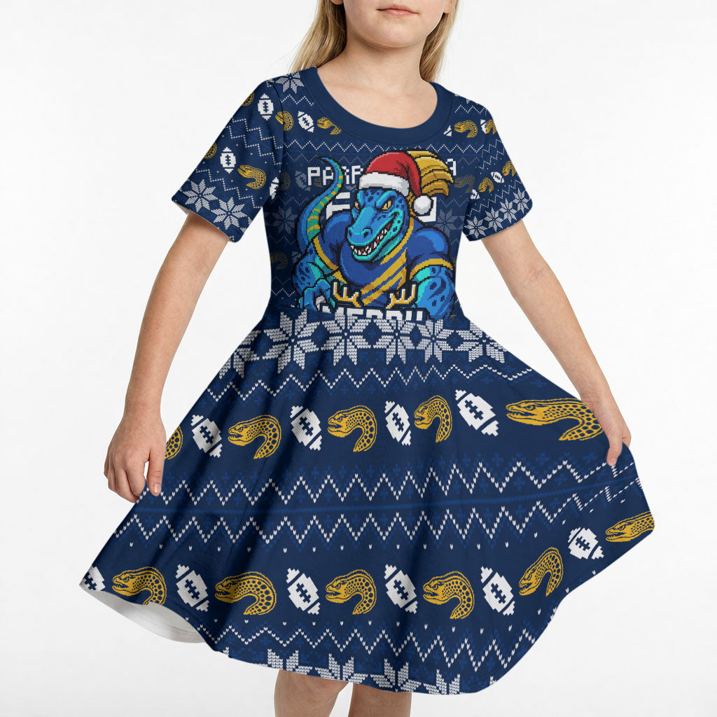 Personalized Parramatta Eels Christmas Kid Short Sleeve Dress Australian Rugby Fans - Pixelated Ugly Xmas Pattern Mascot Santa