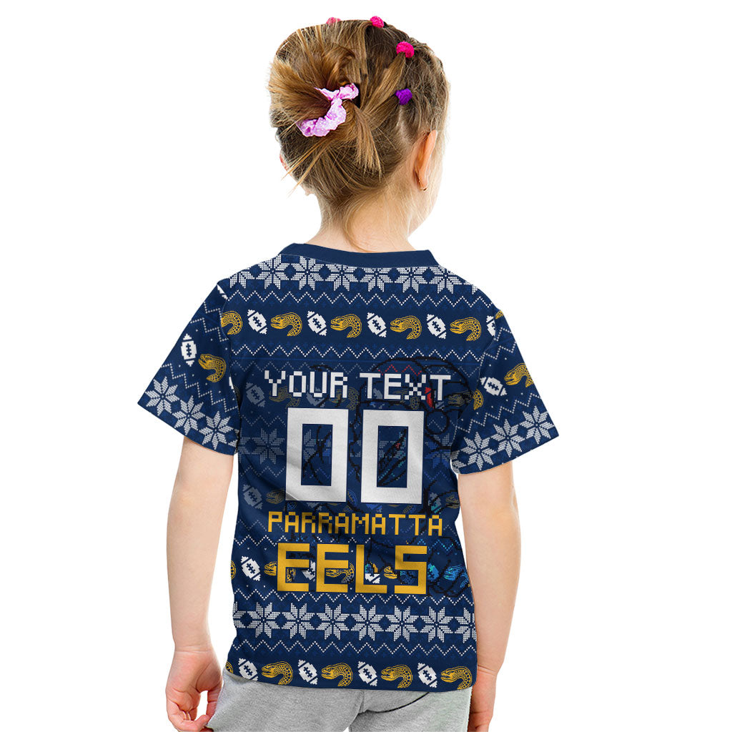 Personalized Parramatta Eels Christmas Kid T Shirt Australian Rugby Fans - Pixelated Ugly Xmas Pattern Mascot Santa