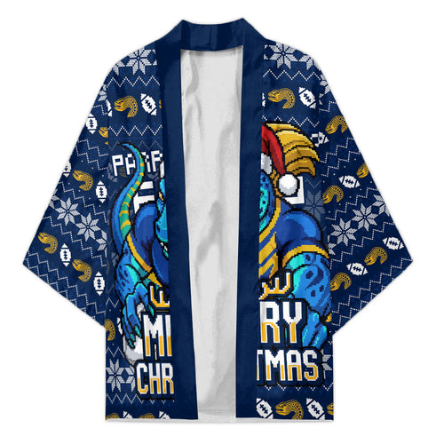 Personalized Parramatta Eels Christmas Kimono Australian Rugby Fans - Pixelated Ugly Xmas Pattern Mascot Santa