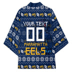 Personalized Parramatta Eels Christmas Kimono Australian Rugby Fans - Pixelated Ugly Xmas Pattern Mascot Santa