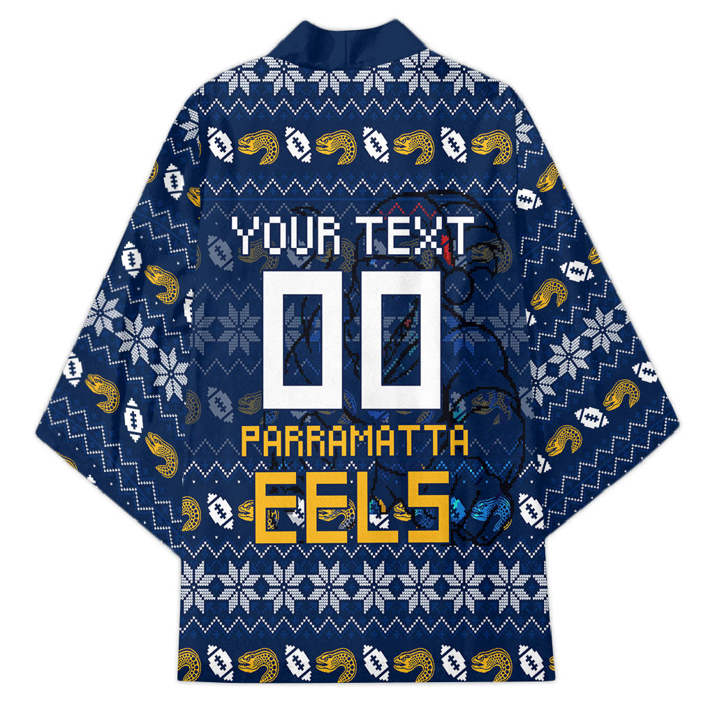 Personalized Parramatta Eels Christmas Kimono Australian Rugby Fans - Pixelated Ugly Xmas Pattern Mascot Santa
