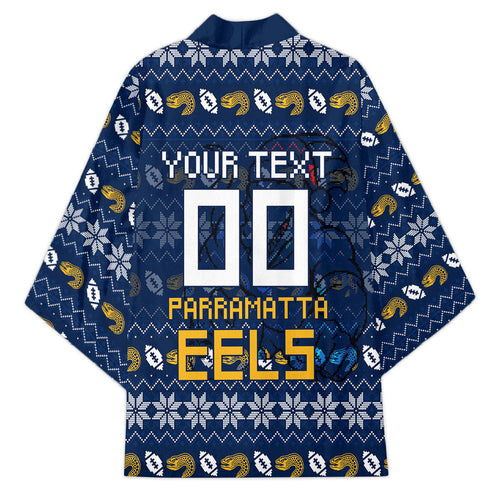 Personalized Parramatta Eels Christmas Kimono Australian Rugby Fans - Pixelated Ugly Xmas Pattern Mascot Santa