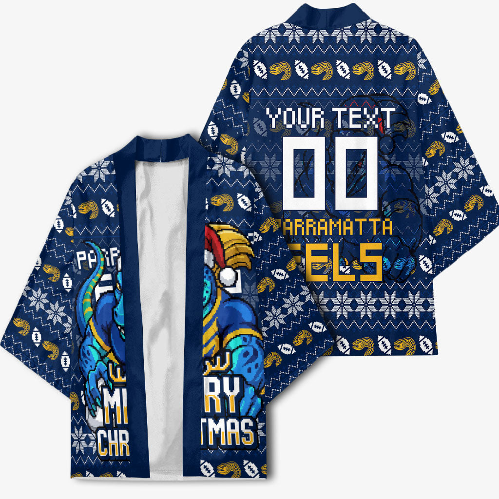 Personalized Parramatta Eels Christmas Kimono Australian Rugby Fans - Pixelated Ugly Xmas Pattern Mascot Santa