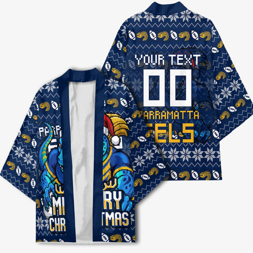 Personalized Parramatta Eels Christmas Kimono Australian Rugby Fans - Pixelated Ugly Xmas Pattern Mascot Santa
