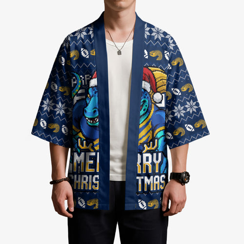 Personalized Parramatta Eels Christmas Kimono Australian Rugby Fans - Pixelated Ugly Xmas Pattern Mascot Santa