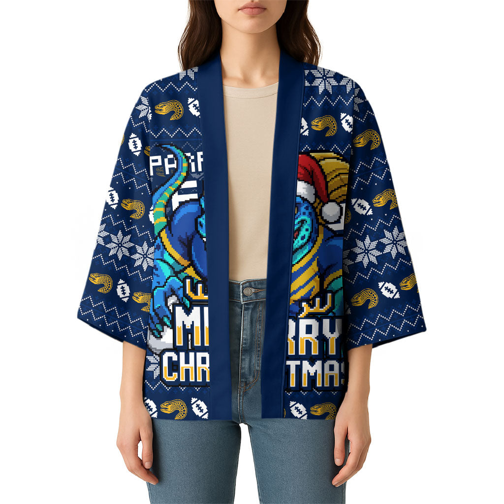 Personalized Parramatta Eels Christmas Kimono Australian Rugby Fans - Pixelated Ugly Xmas Pattern Mascot Santa