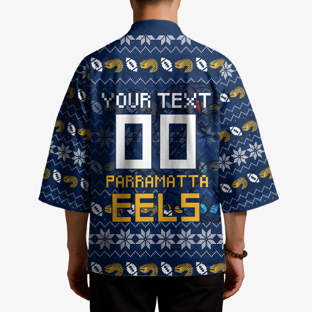 Personalized Parramatta Eels Christmas Kimono Australian Rugby Fans - Pixelated Ugly Xmas Pattern Mascot Santa