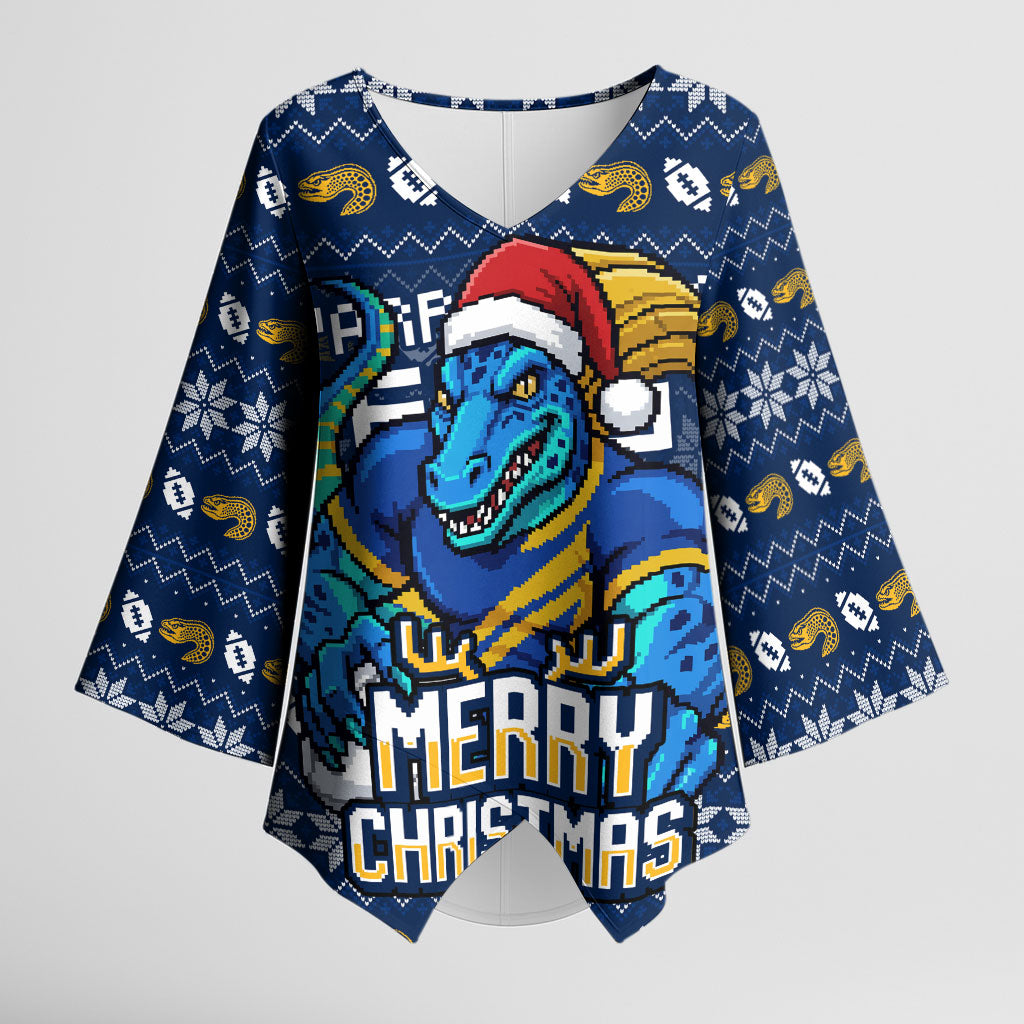 Personalized Parramatta Eels Christmas Kimono Sleeve Blouse Australian Rugby Fans - Pixelated Ugly Xmas Pattern Mascot Santa