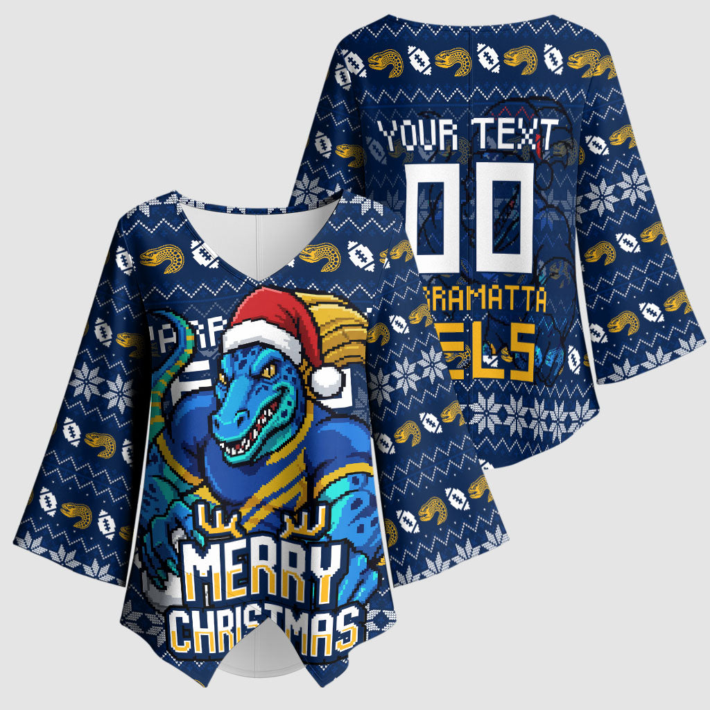 Personalized Parramatta Eels Christmas Kimono Sleeve Blouse Australian Rugby Fans - Pixelated Ugly Xmas Pattern Mascot Santa