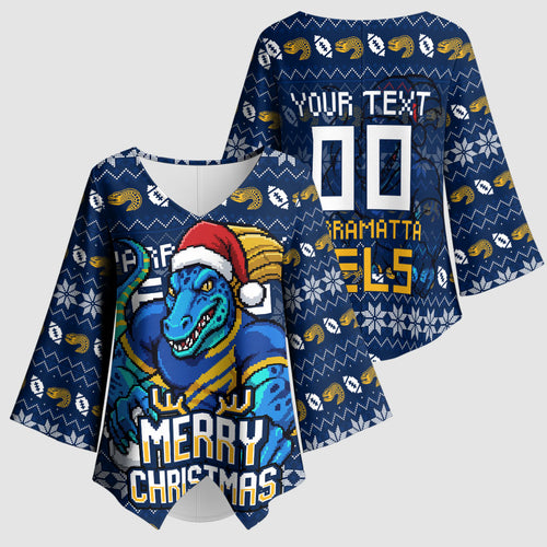 Personalized Parramatta Eels Christmas Kimono Sleeve Blouse Australian Rugby Fans - Pixelated Ugly Xmas Pattern Mascot Santa