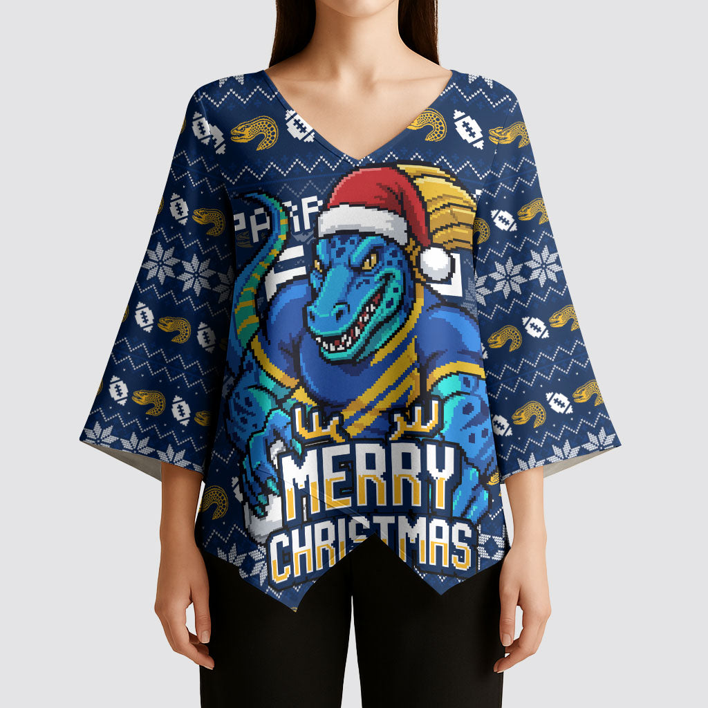 Personalized Parramatta Eels Christmas Kimono Sleeve Blouse Australian Rugby Fans - Pixelated Ugly Xmas Pattern Mascot Santa