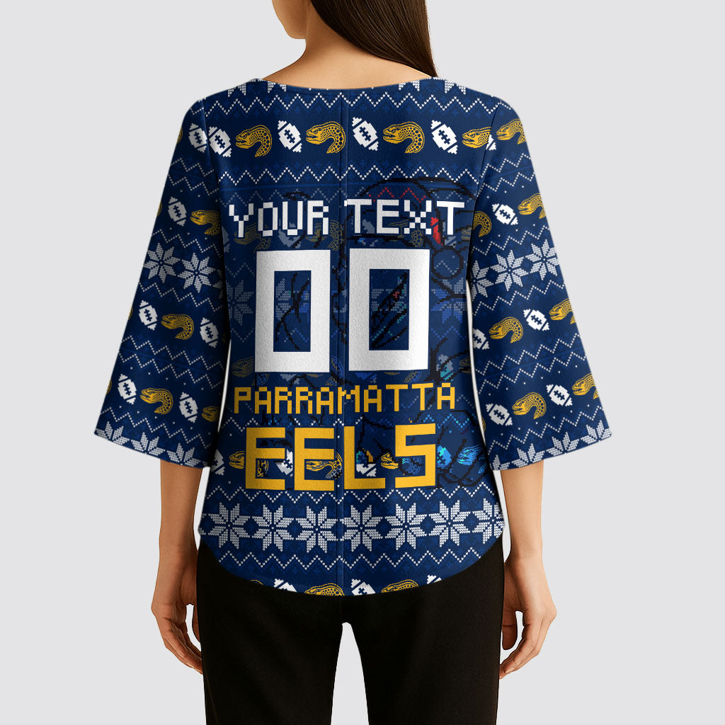 Personalized Parramatta Eels Christmas Kimono Sleeve Blouse Australian Rugby Fans - Pixelated Ugly Xmas Pattern Mascot Santa
