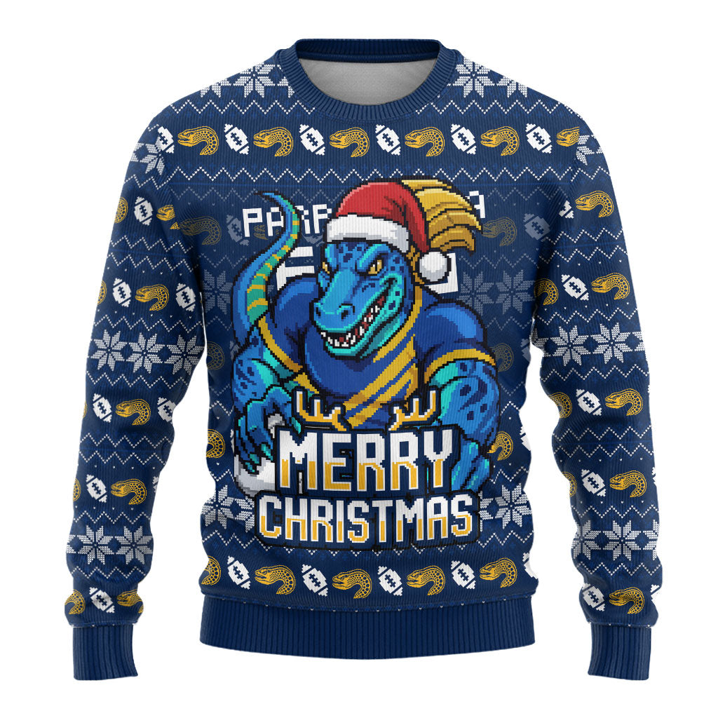 Personalized Parramatta Eels Christmas Ugly Christmas Sweater Australian Rugby Fans - Pixelated Ugly Xmas Pattern Mascot Santa