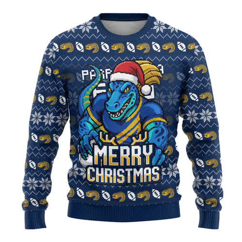 Personalized Parramatta Eels Christmas Ugly Christmas Sweater Australian Rugby Fans - Pixelated Ugly Xmas Pattern Mascot Santa