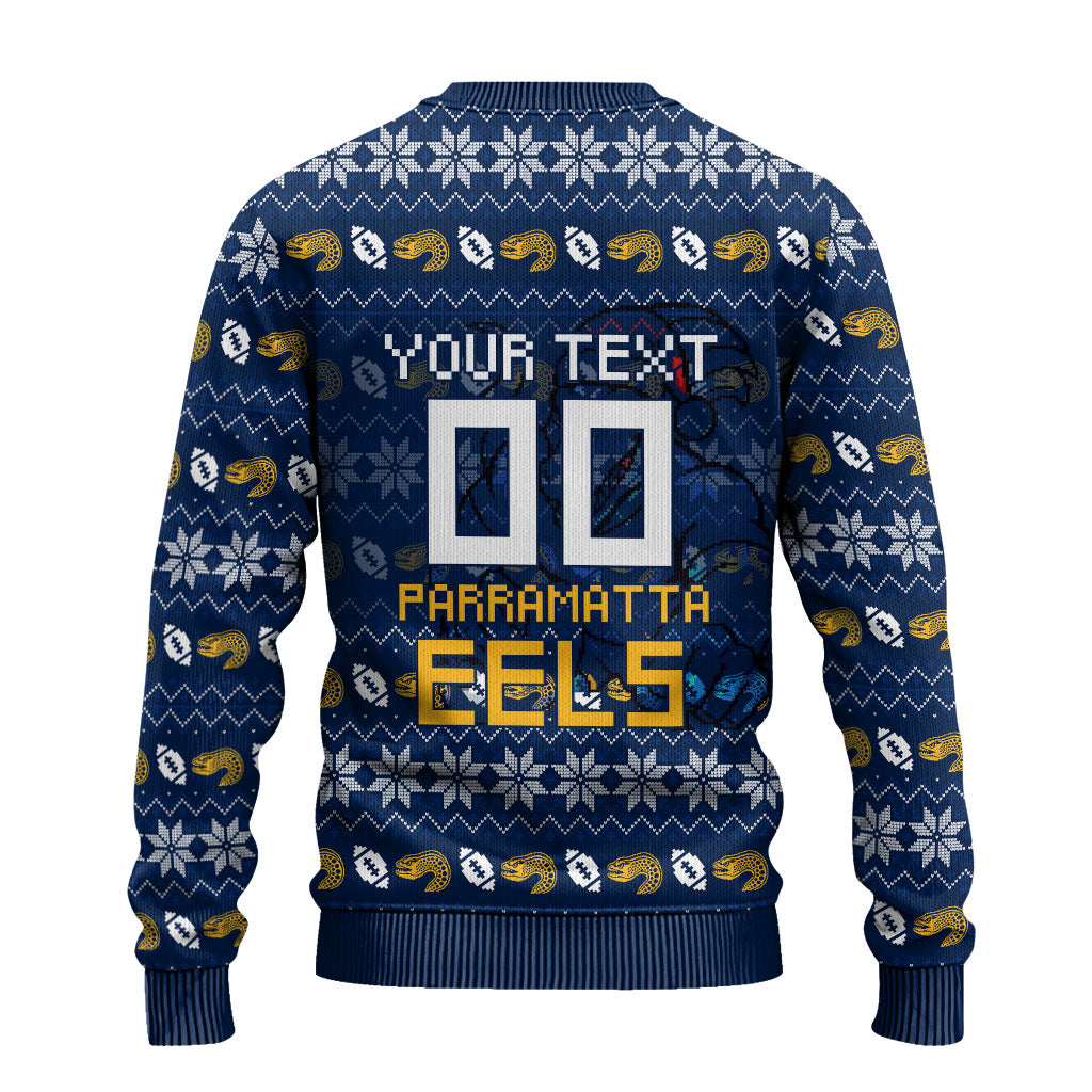 Personalized Parramatta Eels Christmas Ugly Christmas Sweater Australian Rugby Fans - Pixelated Ugly Xmas Pattern Mascot Santa