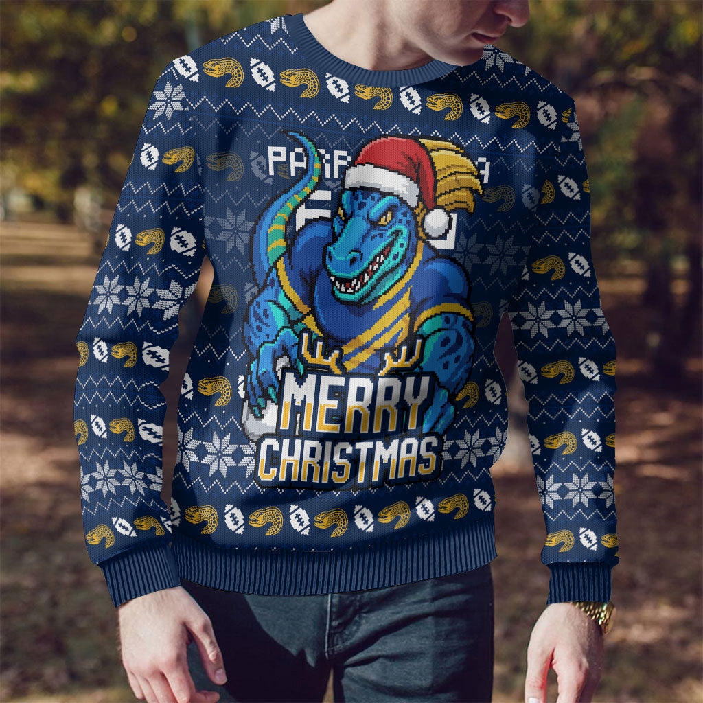 Personalized Parramatta Eels Christmas Ugly Christmas Sweater Australian Rugby Fans - Pixelated Ugly Xmas Pattern Mascot Santa