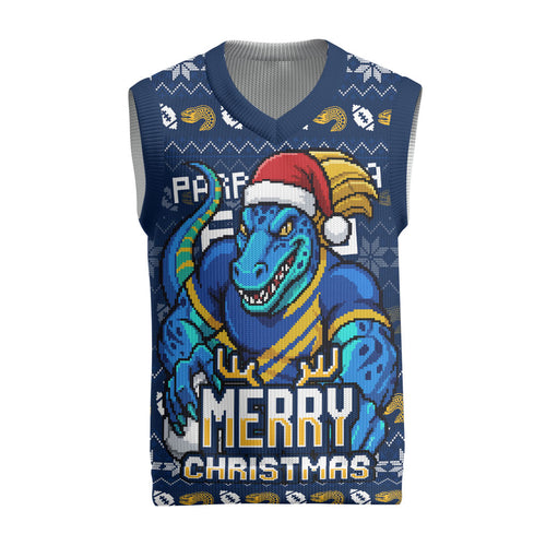 Personalized Parramatta Eels Christmas Knitted V-Neck Vest Australian Rugby Fans - Pixelated Ugly Xmas Pattern Mascot Santa