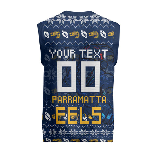 Personalized Parramatta Eels Christmas Knitted V-Neck Vest Australian Rugby Fans - Pixelated Ugly Xmas Pattern Mascot Santa