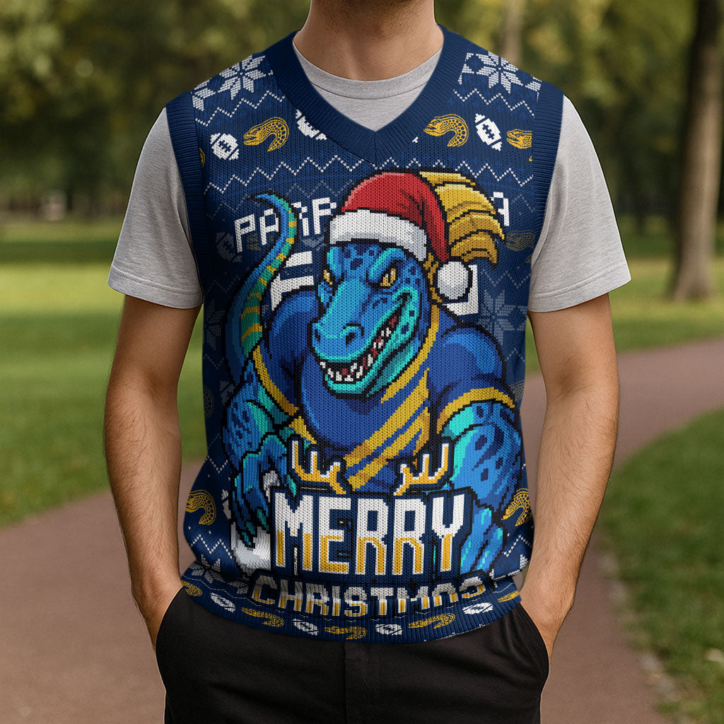 Personalized Parramatta Eels Christmas Knitted V-Neck Vest Australian Rugby Fans - Pixelated Ugly Xmas Pattern Mascot Santa