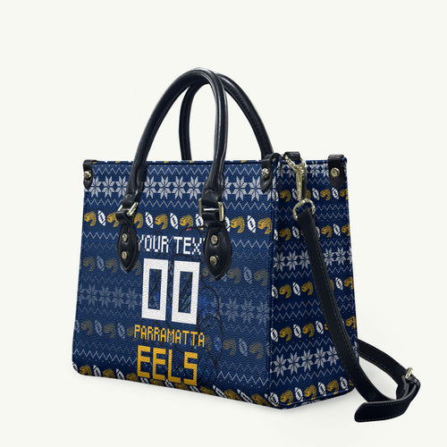 Personalized Parramatta Eels Christmas Leather Bag Australian Rugby Fans - Pixelated Ugly Xmas Pattern Mascot Santa
