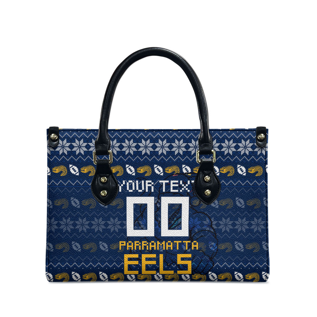 Personalized Parramatta Eels Christmas Leather Bag Australian Rugby Fans - Pixelated Ugly Xmas Pattern Mascot Santa