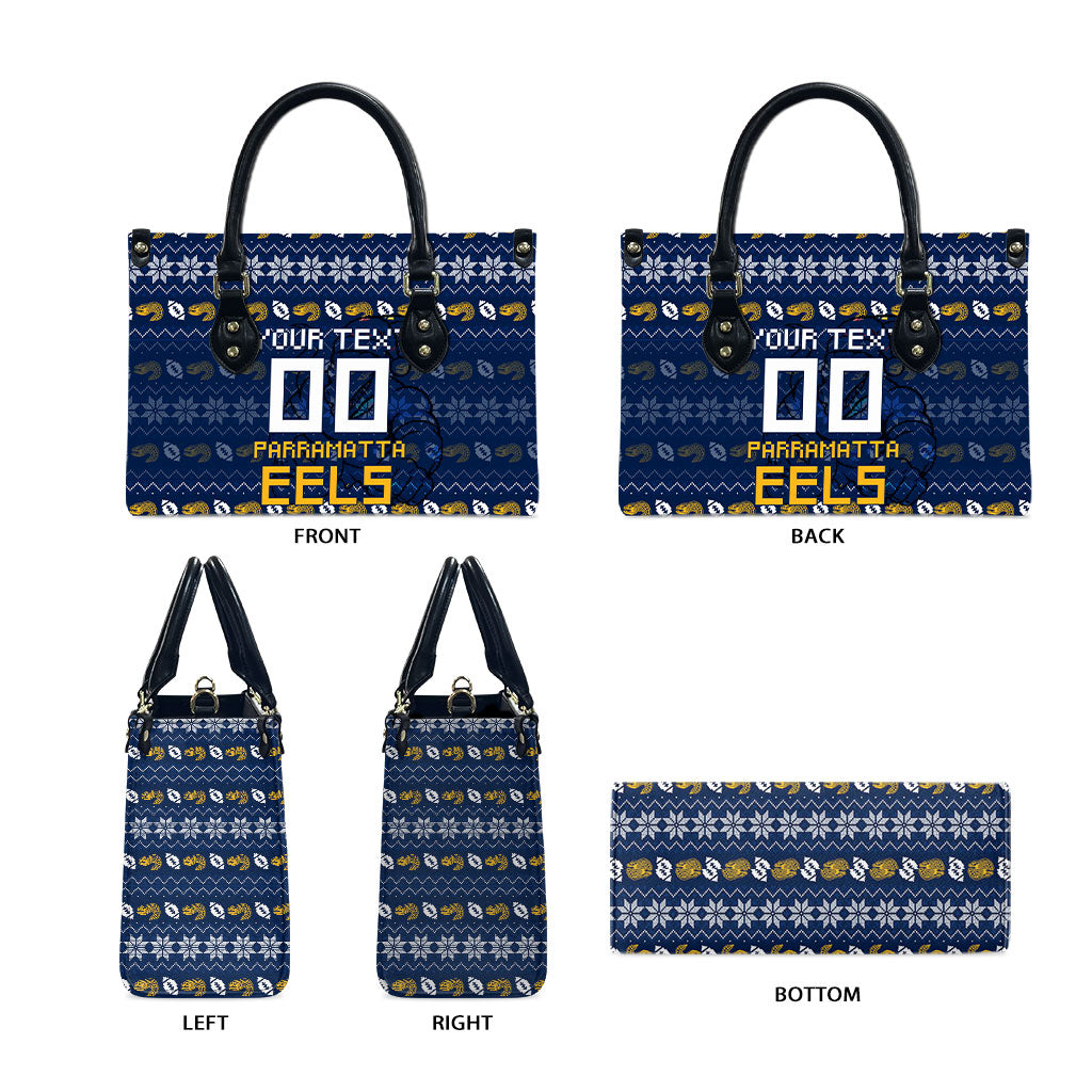 Personalized Parramatta Eels Christmas Leather Bag Australian Rugby Fans - Pixelated Ugly Xmas Pattern Mascot Santa