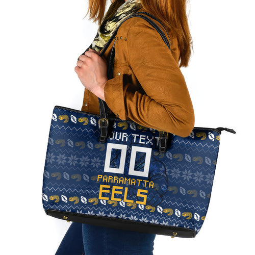 Personalized Parramatta Eels Christmas Leather Tote Bag Australian Rugby Fans - Pixelated Ugly Xmas Pattern Mascot Santa