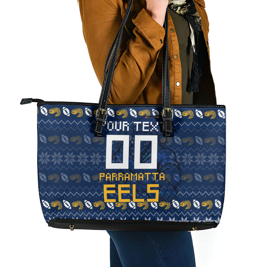 Personalized Parramatta Eels Christmas Leather Tote Bag Australian Rugby Fans - Pixelated Ugly Xmas Pattern Mascot Santa