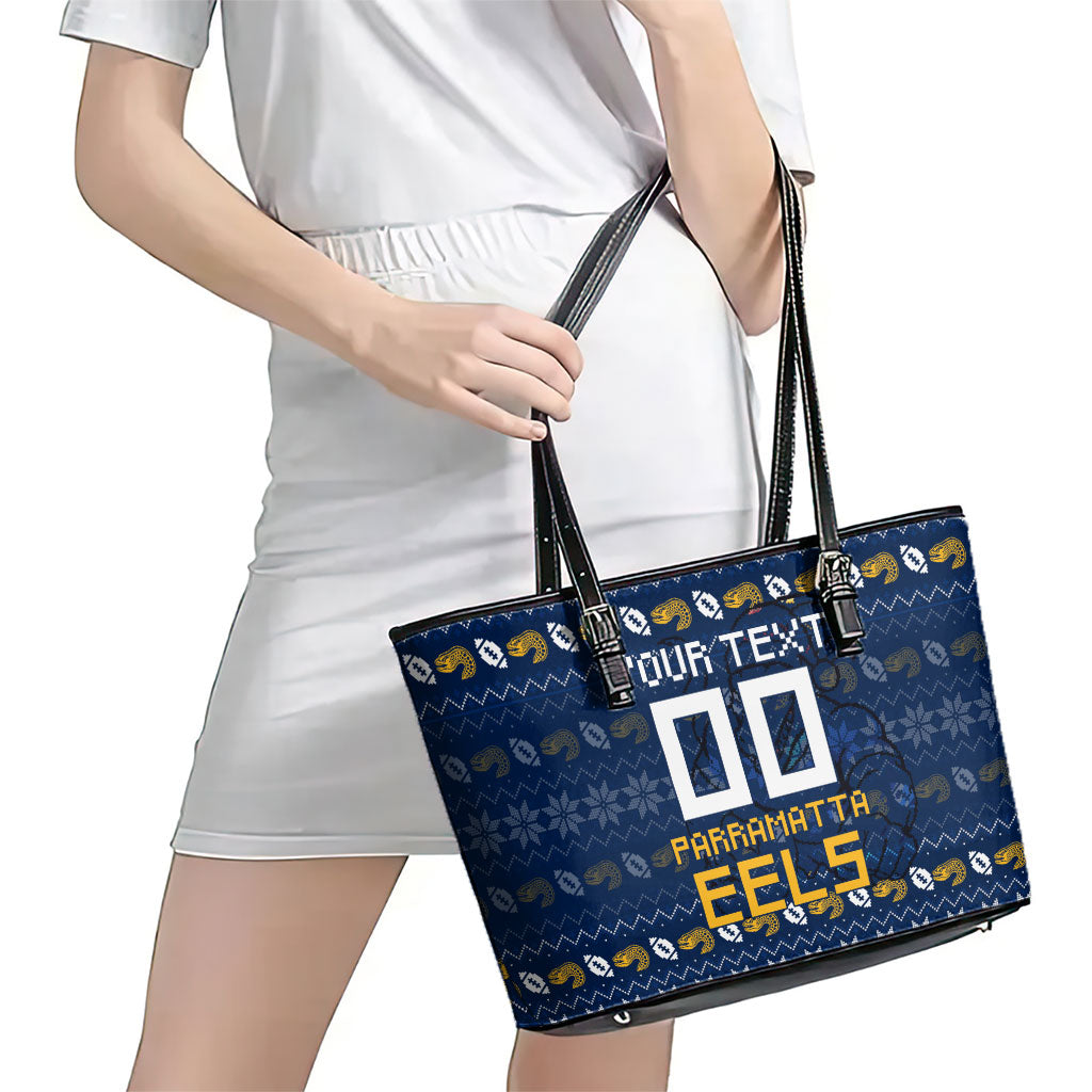 Personalized Parramatta Eels Christmas Leather Tote Bag Australian Rugby Fans - Pixelated Ugly Xmas Pattern Mascot Santa