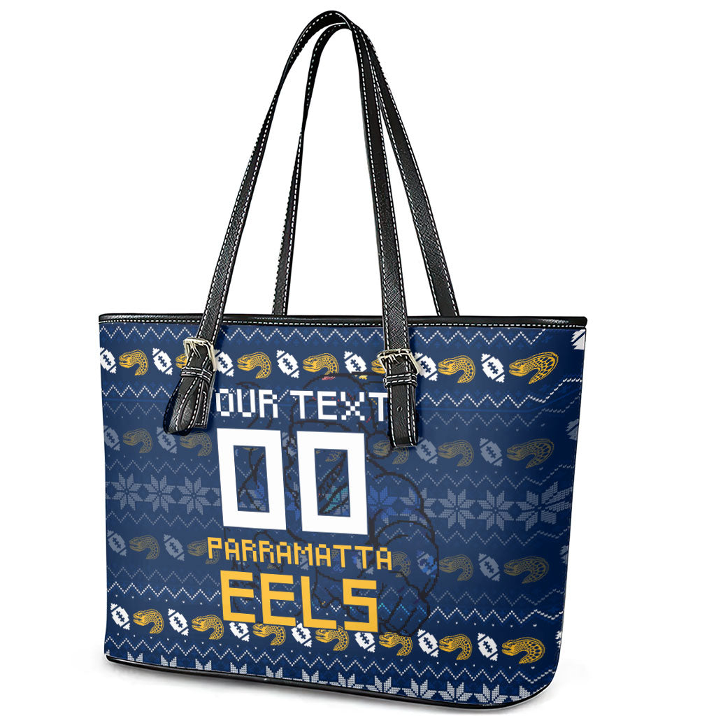 Personalized Parramatta Eels Christmas Leather Tote Bag Australian Rugby Fans - Pixelated Ugly Xmas Pattern Mascot Santa