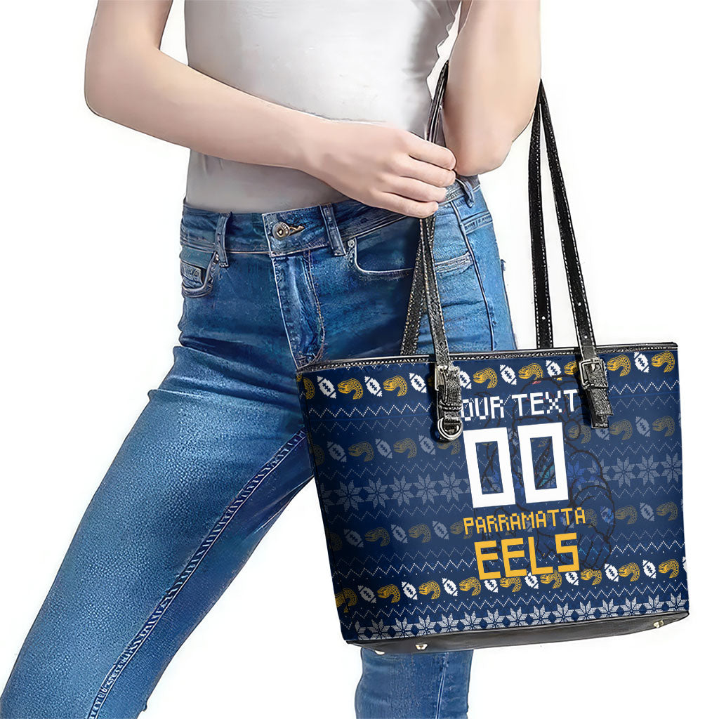 Personalized Parramatta Eels Christmas Leather Tote Bag Australian Rugby Fans - Pixelated Ugly Xmas Pattern Mascot Santa