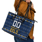 Personalized Parramatta Eels Christmas Leather Tote Bag Australian Rugby Fans - Pixelated Ugly Xmas Pattern Mascot Santa