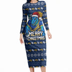 Personalized Parramatta Eels Christmas Long Sleeve Bodycon Dress Australian Rugby Fans - Pixelated Ugly Xmas Pattern Mascot Santa