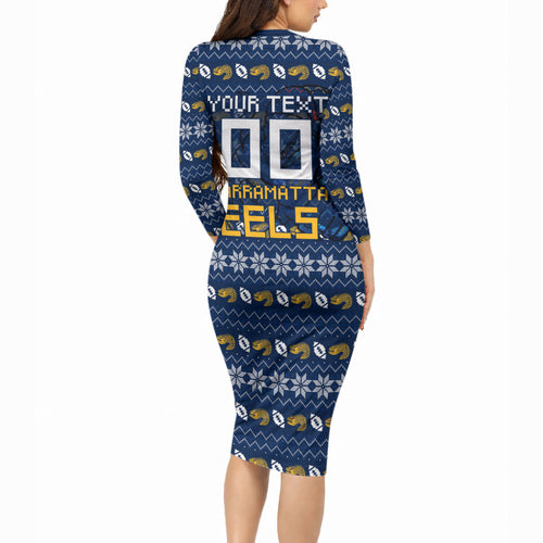 Personalized Parramatta Eels Christmas Long Sleeve Bodycon Dress Australian Rugby Fans - Pixelated Ugly Xmas Pattern Mascot Santa