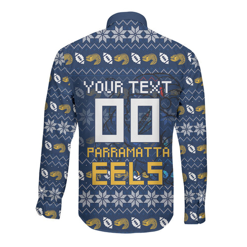 Personalized Parramatta Eels Christmas Long Sleeve Button Shirt Australian Rugby Fans - Pixelated Ugly Xmas Pattern Mascot Santa