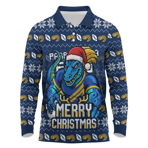 Personalized Parramatta Eels Christmas Long Sleeve Polo Shirt Australian Rugby Fans - Pixelated Ugly Xmas Pattern Mascot Santa
