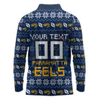 Personalized Parramatta Eels Christmas Long Sleeve Polo Shirt Australian Rugby Fans - Pixelated Ugly Xmas Pattern Mascot Santa