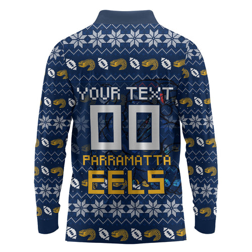 Personalized Parramatta Eels Christmas Long Sleeve Polo Shirt Australian Rugby Fans - Pixelated Ugly Xmas Pattern Mascot Santa
