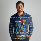Personalized Parramatta Eels Christmas Long Sleeve Polo Shirt Australian Rugby Fans - Pixelated Ugly Xmas Pattern Mascot Santa